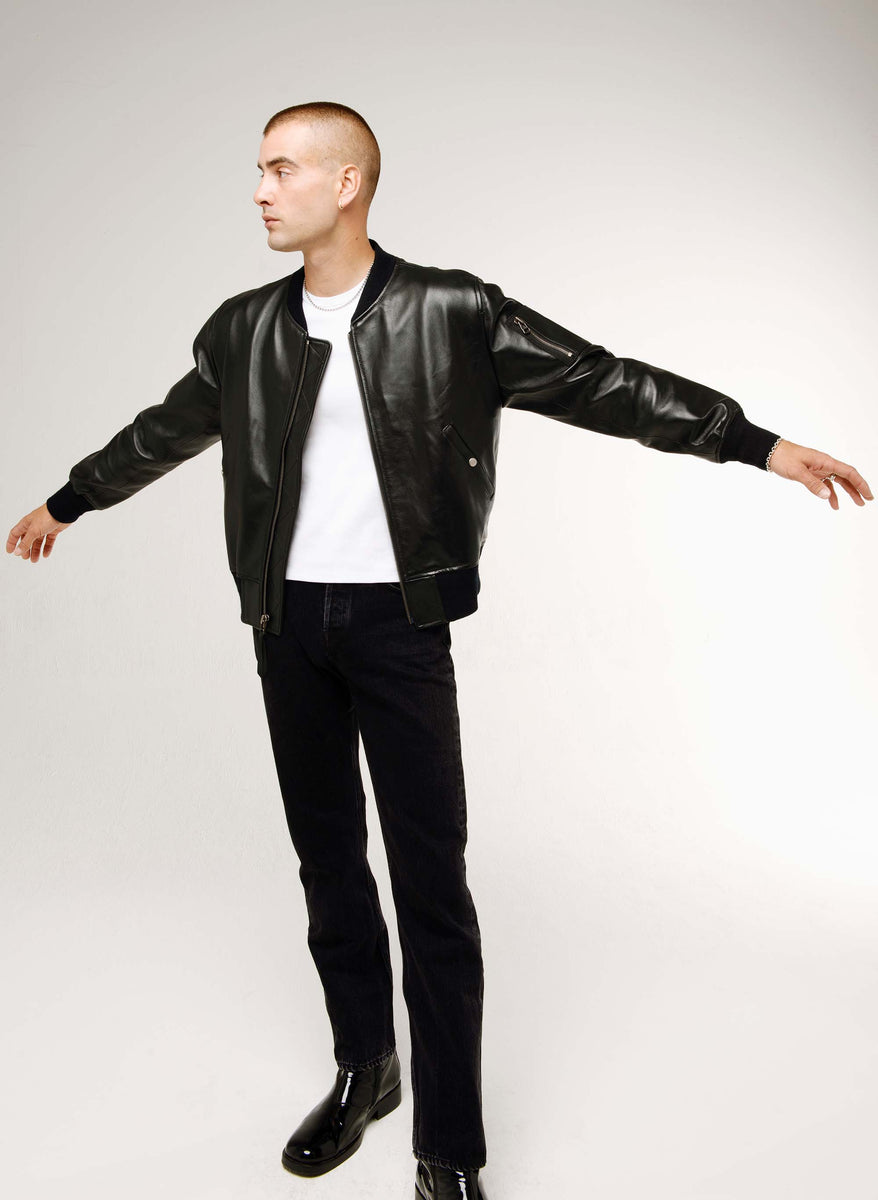 106 - Black nappa lamb leather bomber jacket smooth aspect